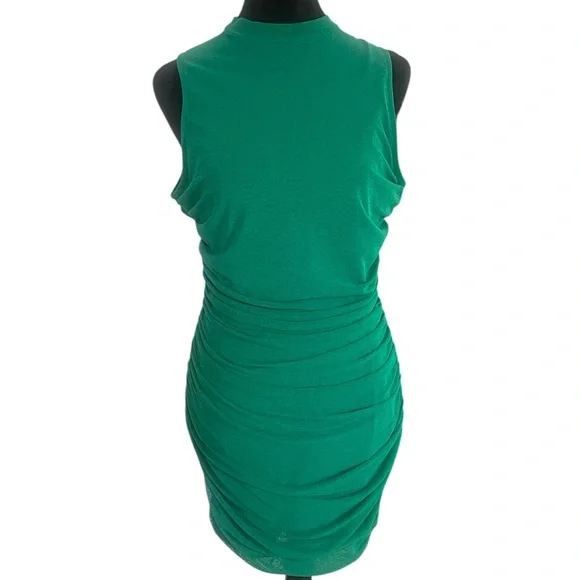 Lulus Privy Green Mesh Ruched Mock Neck Mini Sleeveless Bodycon Dress, Large - Picture 2 of 12